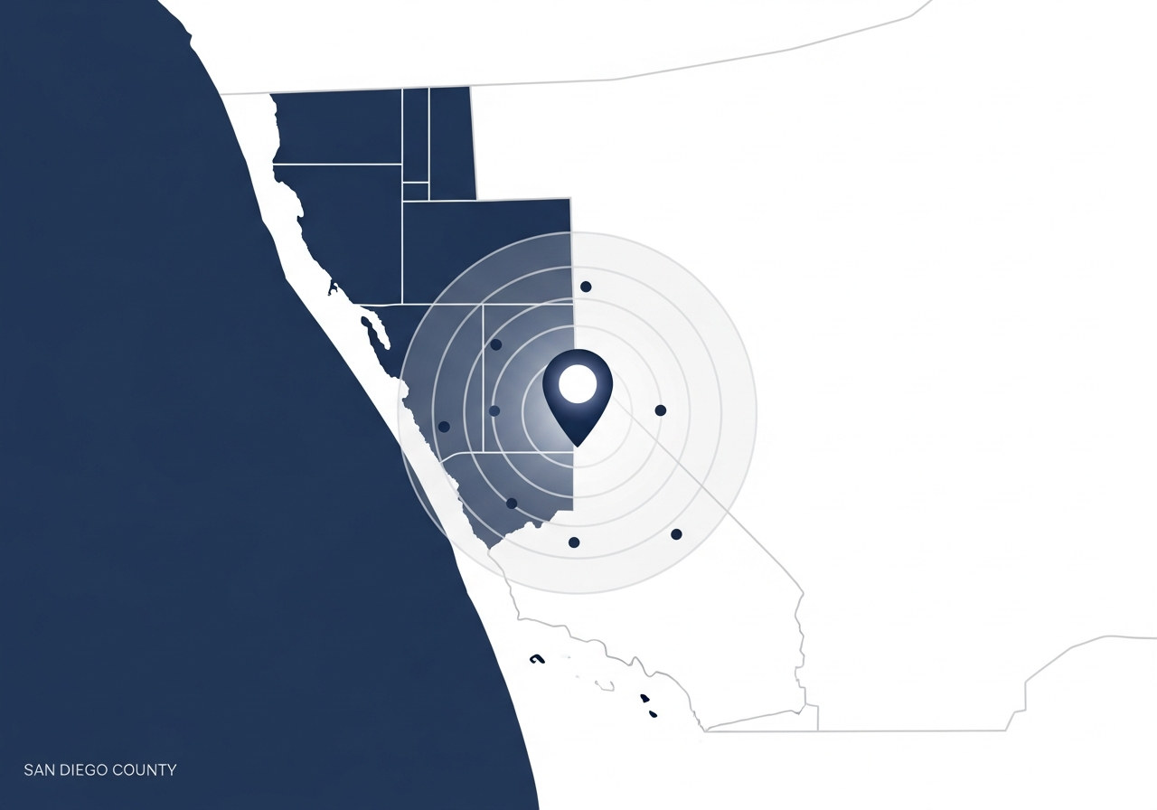 Map of Spry Home Appraisal's San Diego County coverage area, showing a ~15-minute drive radius around our centrally located 92121 office